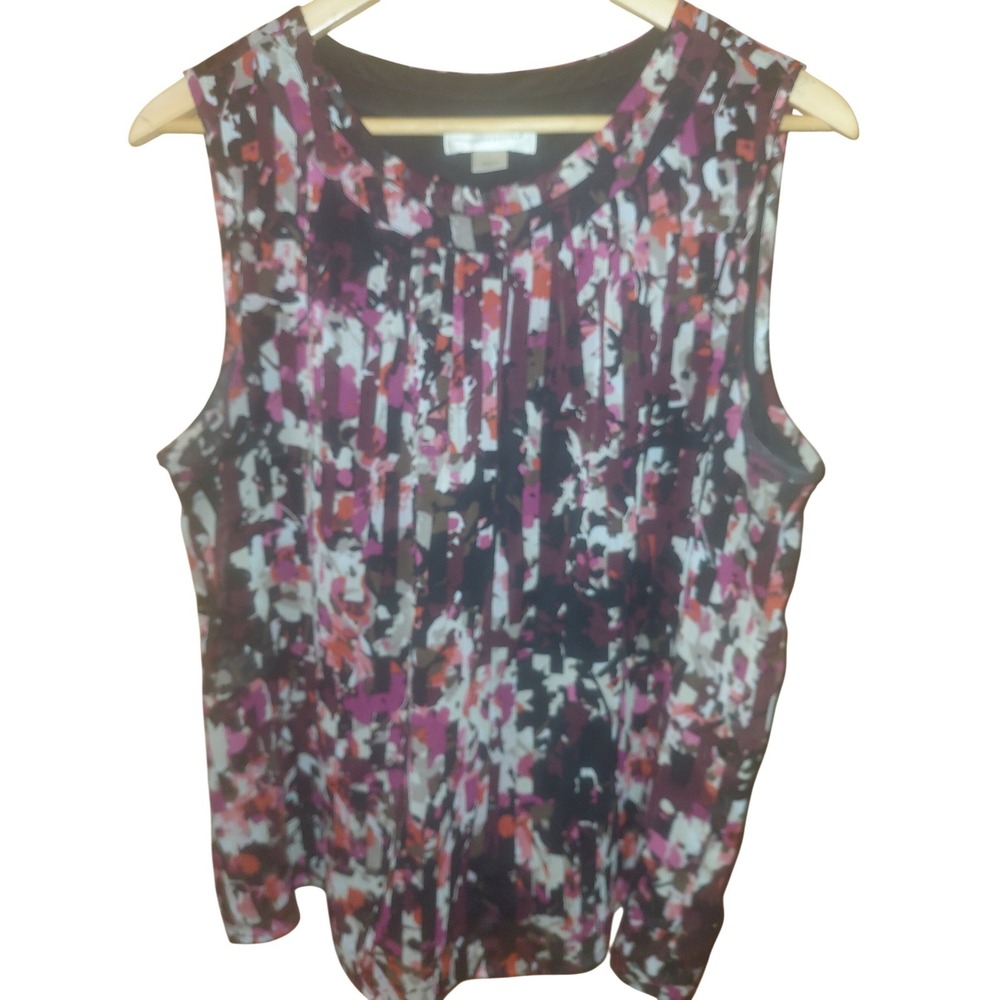 Christopher & Banks Women Large Abstract Floral Pleated Bow Neck Blouse Burgundy